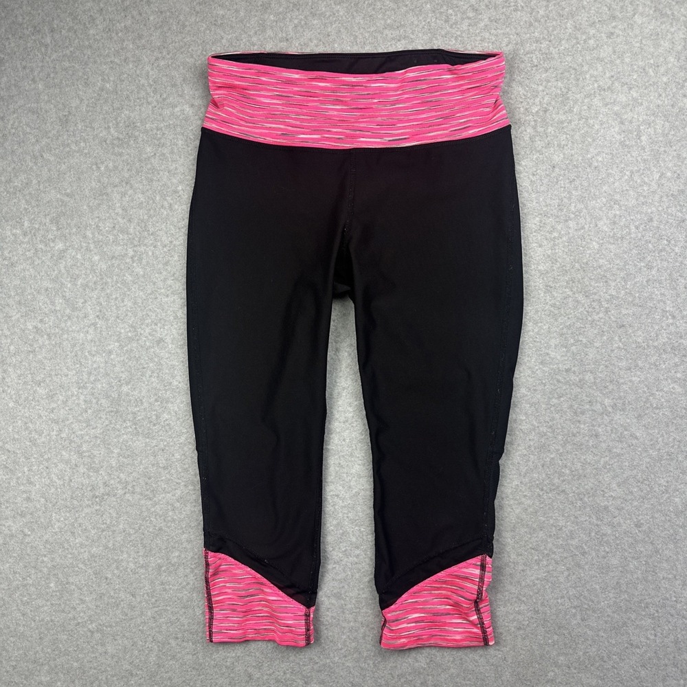 Xersion Women's Capri Leggings Size M Black Pink Striped Waist‎ Athletic Yoga